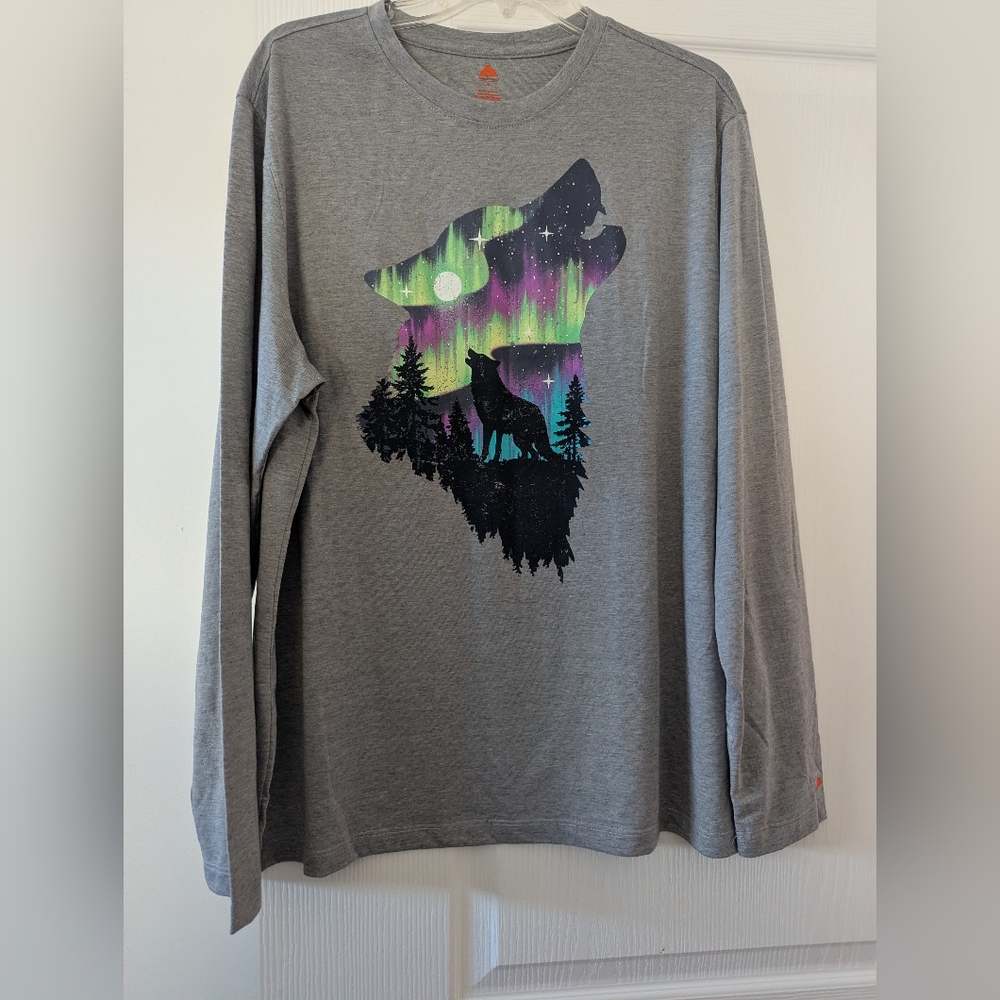 Ozark Trail Long Sleeve Shirt with Wolf And Northern Lights